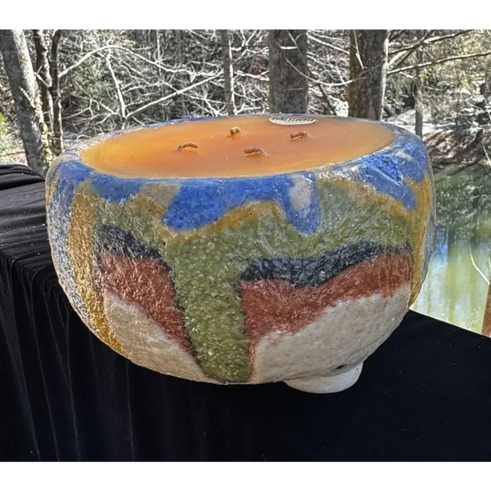 Large 3 Wick Ceramic Bowl Candle Colored Indian Style Pottery -A26